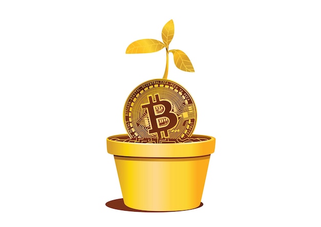 Una moneda de Bitcoin que brota de una olla de flores con hojas verdes que simboliza el crecimiento y la inversión en criptomonedas para la prosperidad financiera