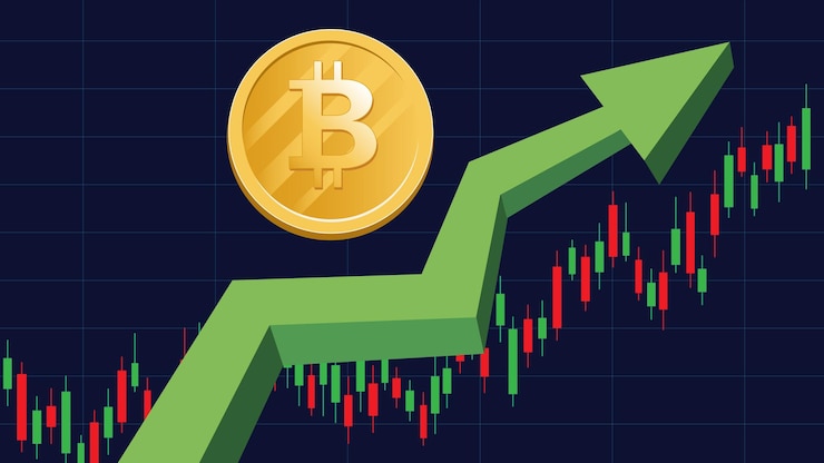 Vector moneda bitcoin subiendo. bitcoin en la ilustración de vector gráfico verde