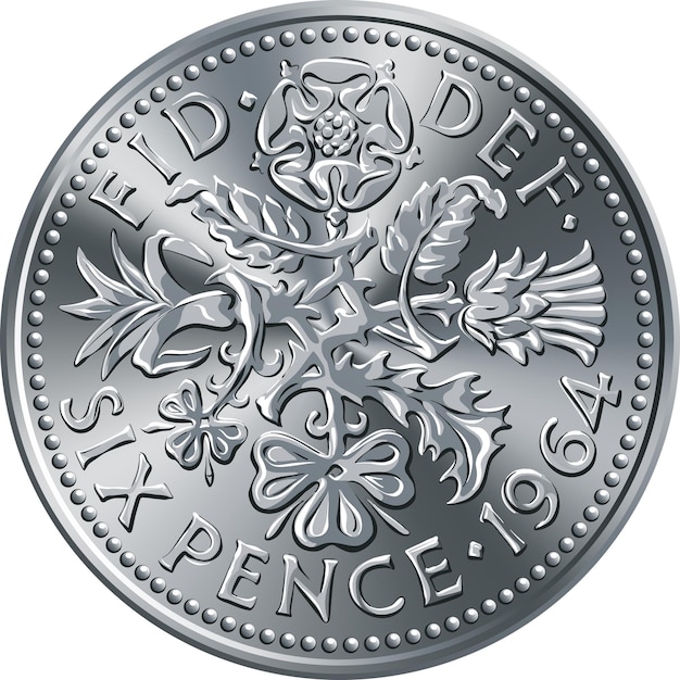 Vector moneda británica de seis peniques inversa con diseño floral