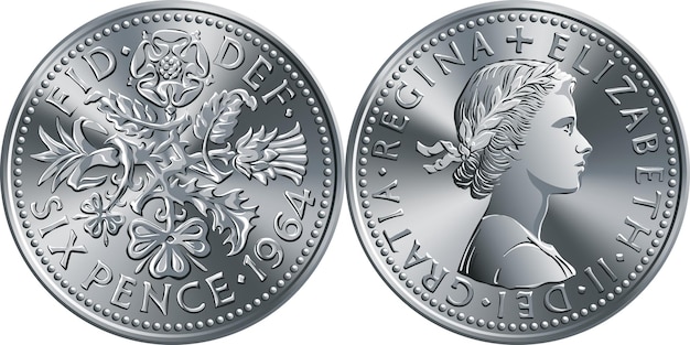 Vector moneda británica de seis peniques reverso con diseño floral anverso con reina