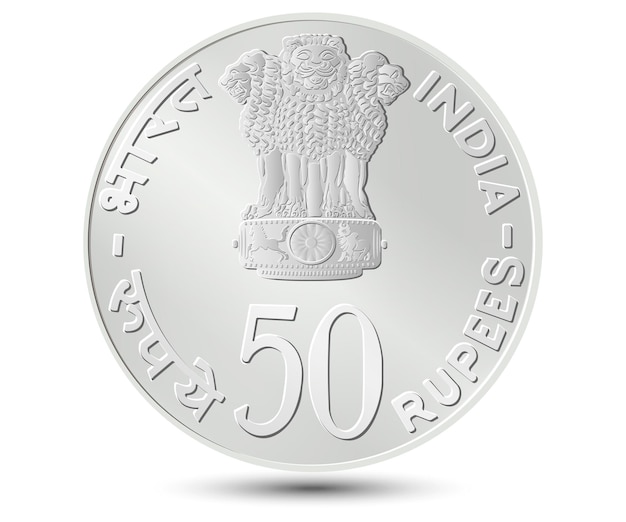 Moneda de cincuenta rupias de la India. Lado de la moneda aislado sobre fondo blanco. Vector.