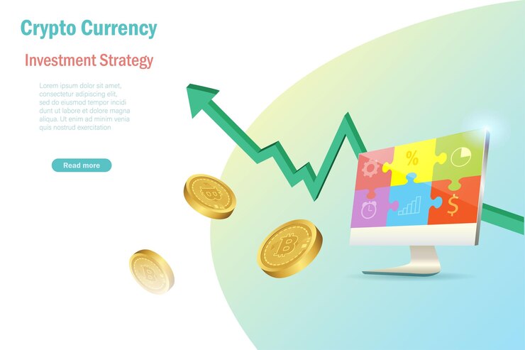 Vector moneda criptográfica bitcoin 3d con gráfico de crecimiento y estrategia de inversión en rompecabezas en la computadora