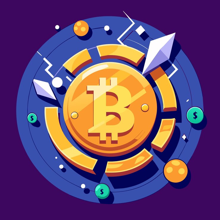 Vector moneda de criptomoneda bitcoin concepto de moneda criptográfica tecnología de cadena de bloques vector plano colorido