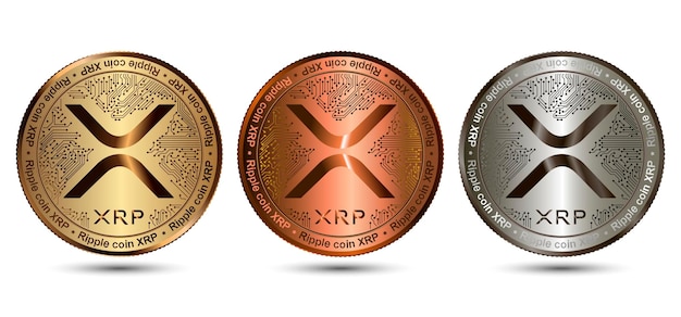 Moneda de criptomoneda XRP de oro y plata y bronce