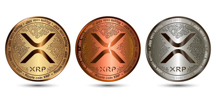 Vector moneda de criptomoneda xrp de oro y plata y bronce