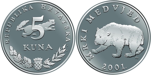 moneda croata de 5 kuna, oso pardo en el reverso, marta, moneda oficial en croacia