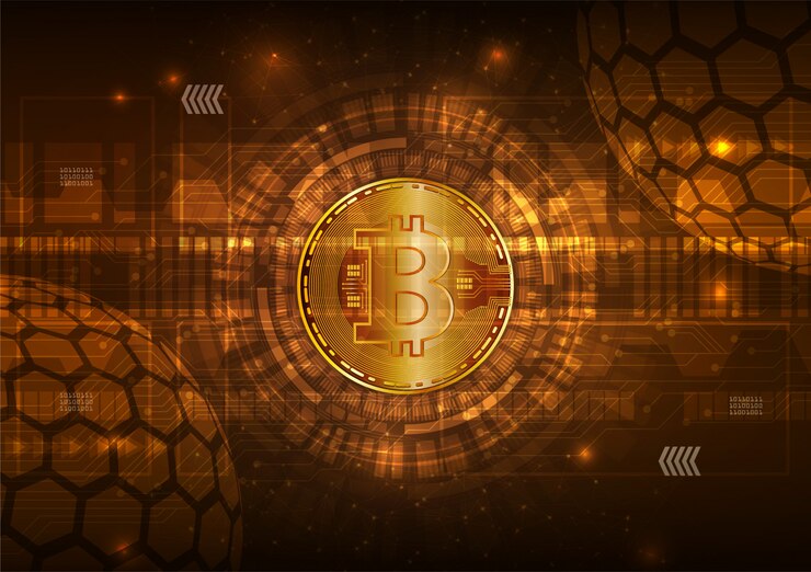 Vector moneda digital bitcoin con circuito abstracto vector