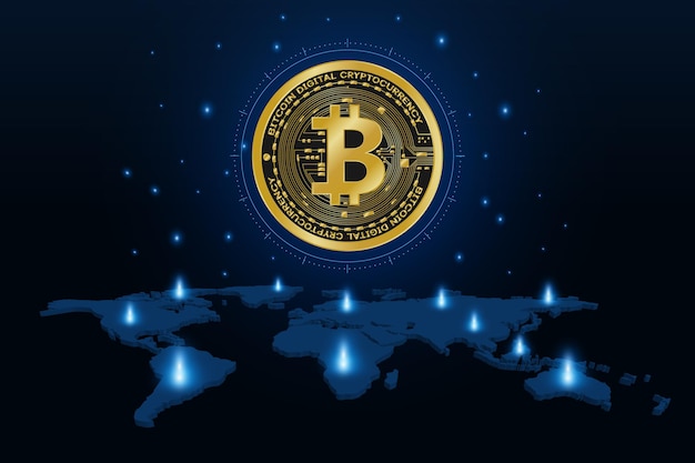 Moneda digital bitcoin de oro en el mapa del mundo, dinero digital futurista,