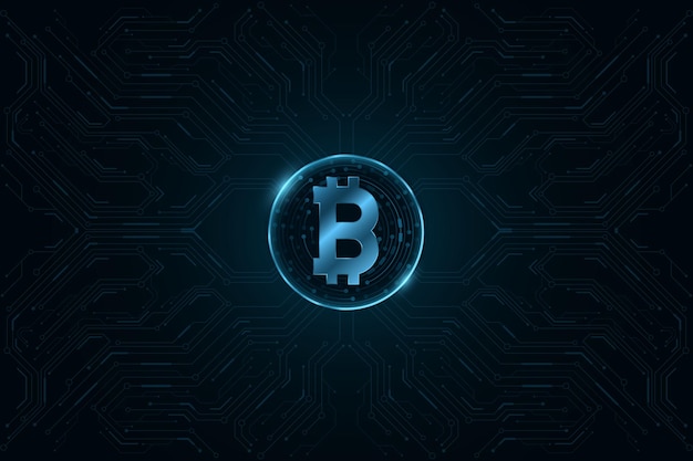 Moneda digital Bitcoin con patrón de CPU de computadora.