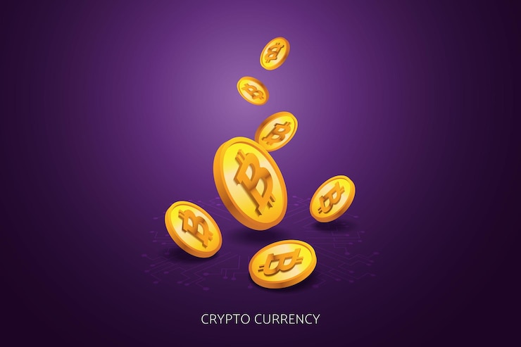 Vector moneda digital bitcoin sobre fondo digital púrpura ilustración vectorial isométrica de criptomoneda.