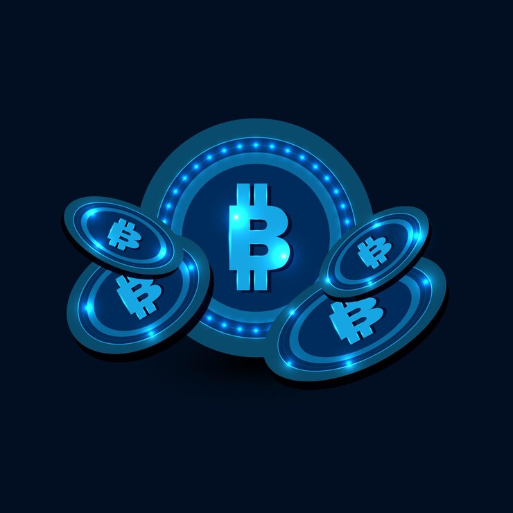 Vector moneda digital bitcoin tecnología de dinero digital en fondo azul oscuro