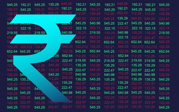 Moneda digital de la rupia india sobre el fondo de la bolsa de valores. concepto de criptomoneda.