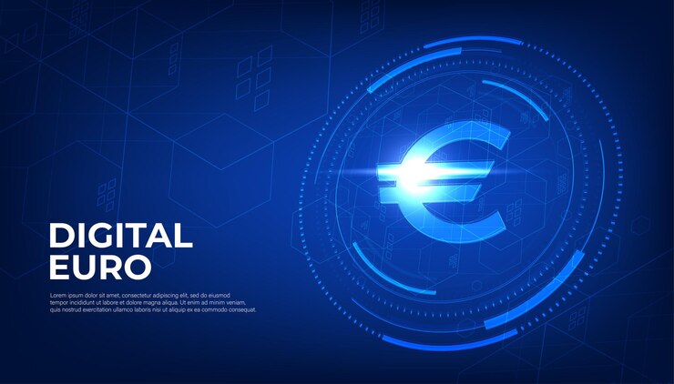 Vector moneda digital signo del euro moneda eur euro europeo dinero digital futurista en vector de fondo de tecnología abstracta azul