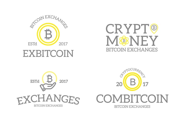 Moneda digital vintage retro única y criptomoneda bitcoin logotipos o insignias emblemas etiquetas y insignias y otros objetos de marca estilo de línea vectorial