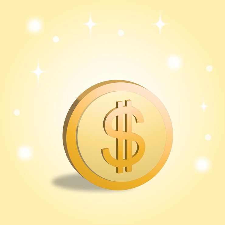 Vector moneda de dólar dorado 3d con destellos sobre fondo amarillo claro