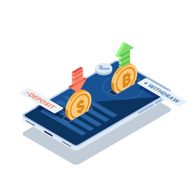 Moneda de dólar de intercambio isométrico 3d plano y criptomoneda de bitcoin en la aplicación de teléfono inteligente. concepto de plataforma de intercambio de criptomonedas.