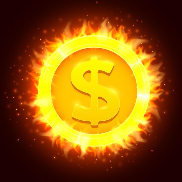 Moneda de dólar de oro ardiente moneda en fuego