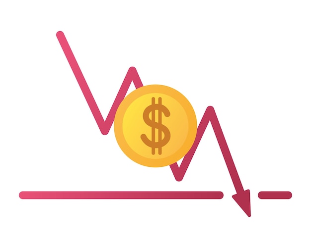 Vector moneda de dólar de oro y un gráfico en el que la línea con una flecha desciende y atraviesa el usd inferior