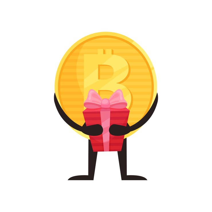 Vector moneda dorada brillante con símbolo de bitcoin manos y piernas sosteniendo caja de regalo roja concepto de criptomoneda diseño gráfico para aplicación móvil de pegatina o sitio web icono de vector plano