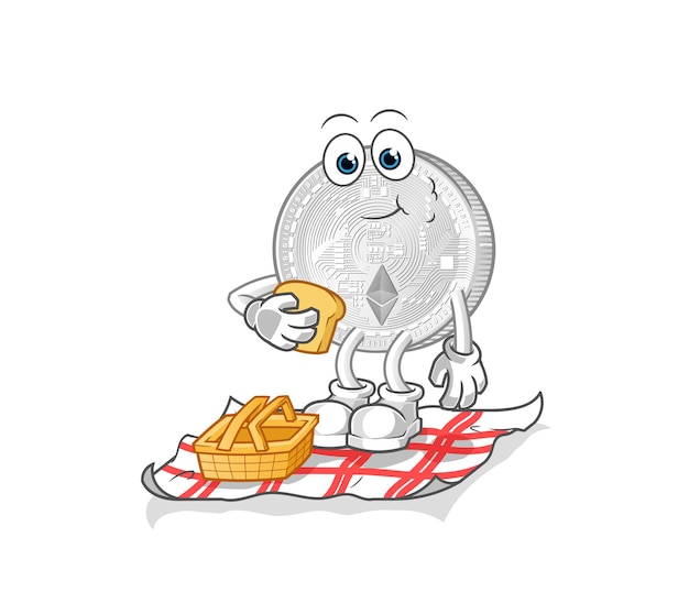 Moneda Ethereum en una caricatura de picnic. vector de mascota de dibujos animados