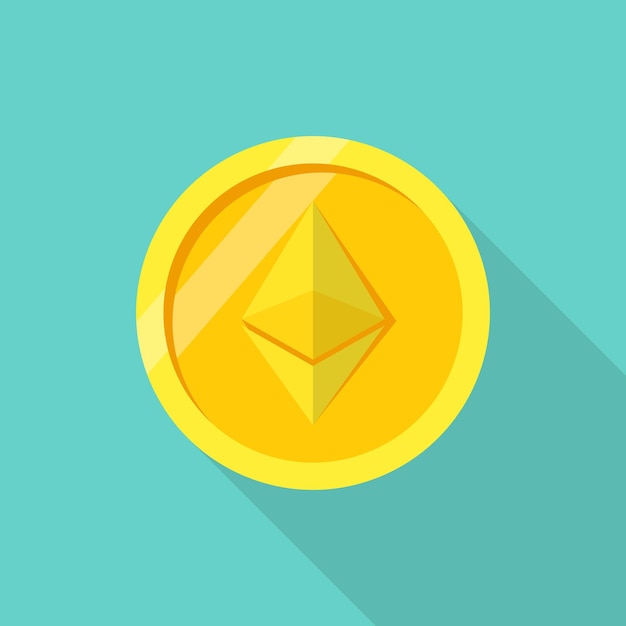 Moneda ethereum. Moneda criptográfica. Dinero digital. Moneda de oro aislada sobre fondo con sombra. Diseño plano de ilustración vectorial. Criptomoneda blockchain.