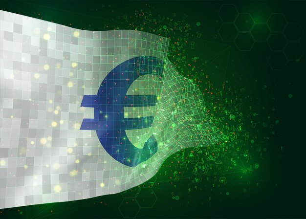 Moneda euro en vector bandera 3d sobre fondo verde con polígonos y números de datos