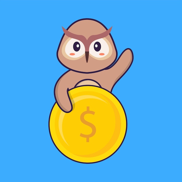 Moneda de explotación lindo búho. Concepto de dibujos animados de animales aislado. Estilo de dibujos animados plana