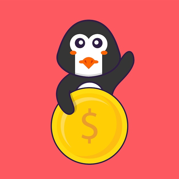 Moneda de explotación lindo pingüino. Concepto de dibujos animados de animales aislado.