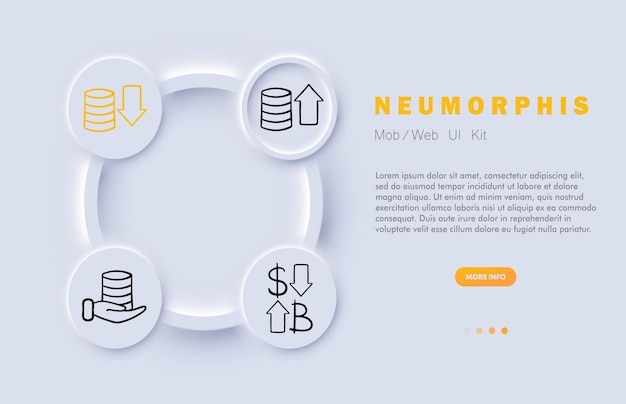 Moneda La forma de dinero que se utiliza como medio de intercambio de bienes y servicios dentro de un país o región en particular Neomorfismo Icono de línea vectorial para negocios