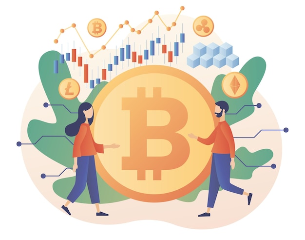 Moneda grande y gente pequeña comerciando e invirtiendo en moneda criptográfica Bitcoin altcoin Web digital