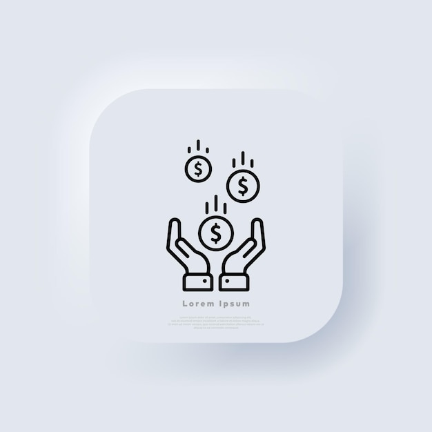 Moneda en el icono de las manos. Dinero. Finanzas. Bancario. Botón web de interfaz de usuario blanco Neumorphic UI UX. Neumorfismo. Eps vectoriales 10.