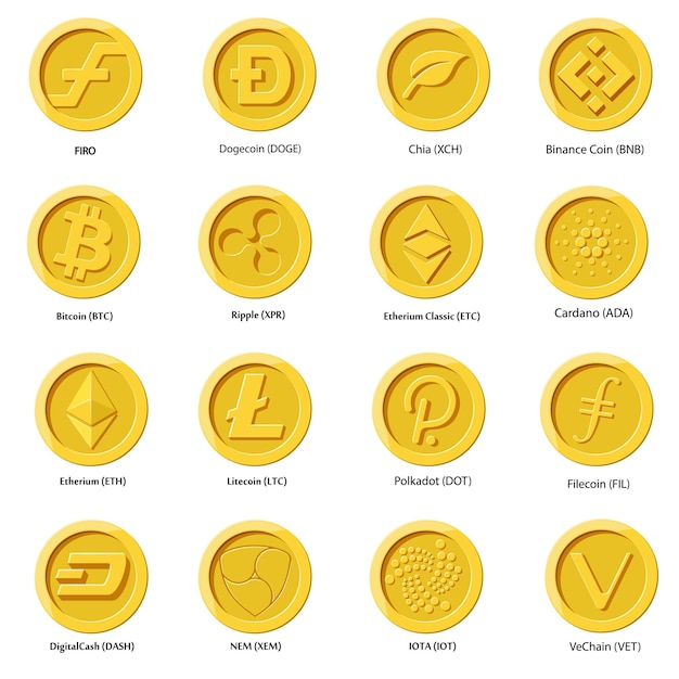 Moneda de los iconos de moneda Crypto. Conjunto de dinero digital para aplicaciones, sitios web o logotipo. Ilustraciones FLAT