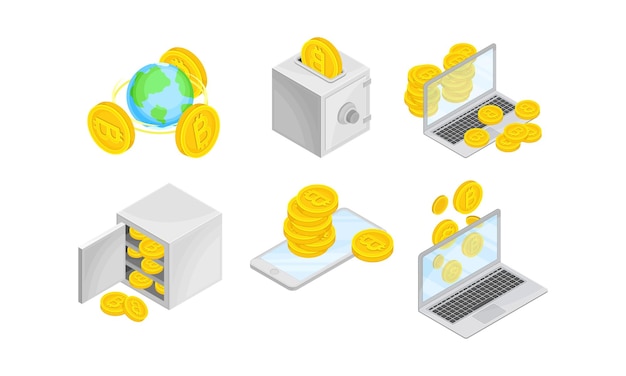 Moneda isométrica de bitcoin con monedas de oro almacenadas en un conjunto vectorial de cajas de efectivo