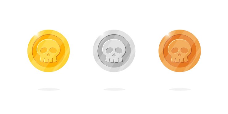 Vector moneda de juego con tema de moneda antigua oro plata medallas de clasificación de bronce adornadas con cráneo