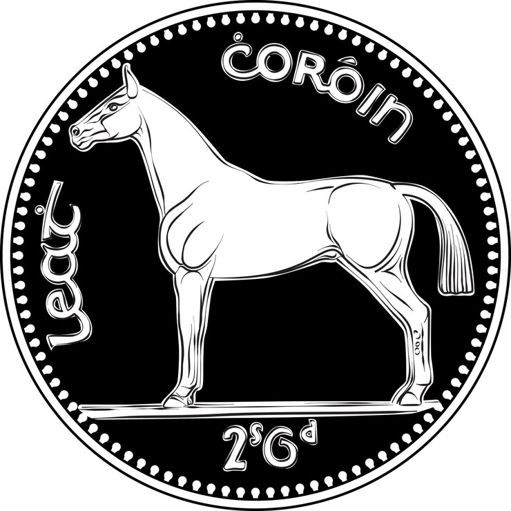 Vector moneda de media corona de plata predecimal de dinero irlandés con cazador irlandés en imagen en blanco y negro inversa