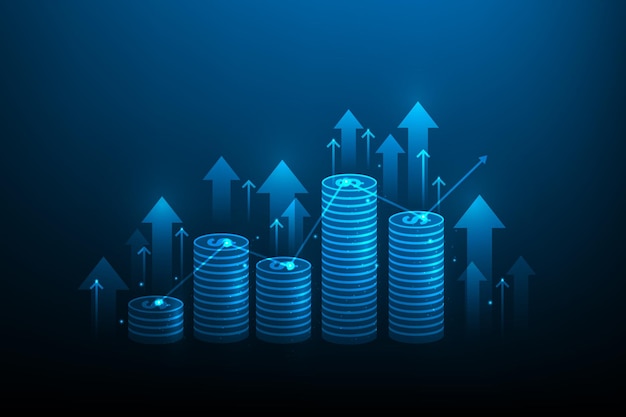 Moneda de negocios y tecnología de flecha hacia arriba sobre fondo azul Dinero de ingresos de ganancias de inversión