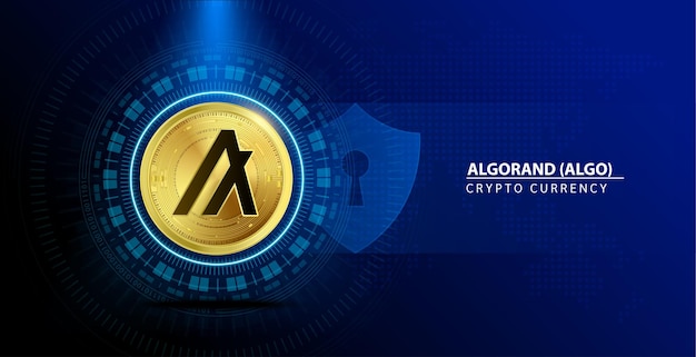 Moneda de oro Algorand ALGO Cryptocurrency blockchain Moneda digital futura Sobre fondo azul