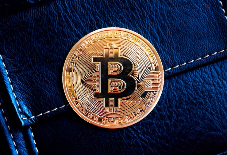 Vector moneda de oro de bitcoin en billetera de cuero moneda de criptomoneda moneda de oro de bitcoin vector realista