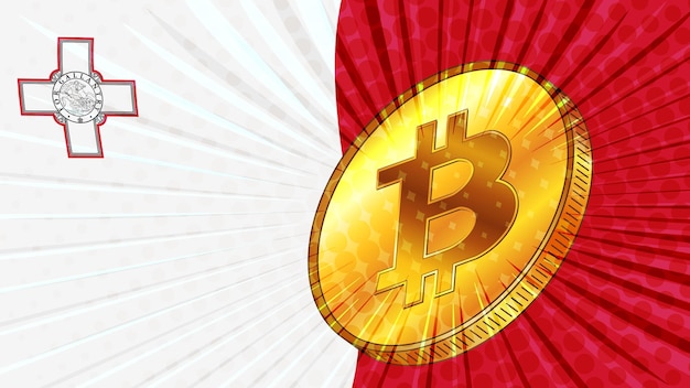 Moneda de oro de Bitcoin BTC y bandera de colores de Malta en segundo plano El Banco Central de Malta adopta leyes sobre minería y activos digitales