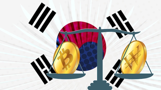 La moneda de oro de Bitcoin BTC y la República de Corea ganó KRW en escalas y coloreó la bandera de Corea del Sur en el fondo El Banco Central de Corea adopta leyes sobre activos digitales CBDC