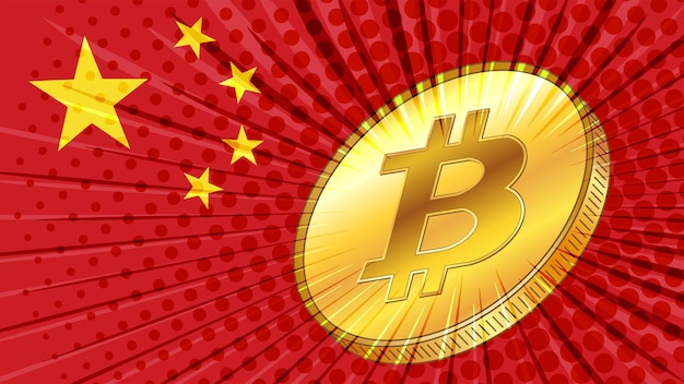 Moneda de oro de bitcoin en el fondo de la bandera china con estrellas en color china uno de los líderes en minería btc con gran tasa de hash