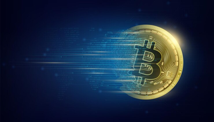 Vector moneda de oro bitcoin en el mapa mundial tecnología de minería de información de datos grandes de moneda criptográfica