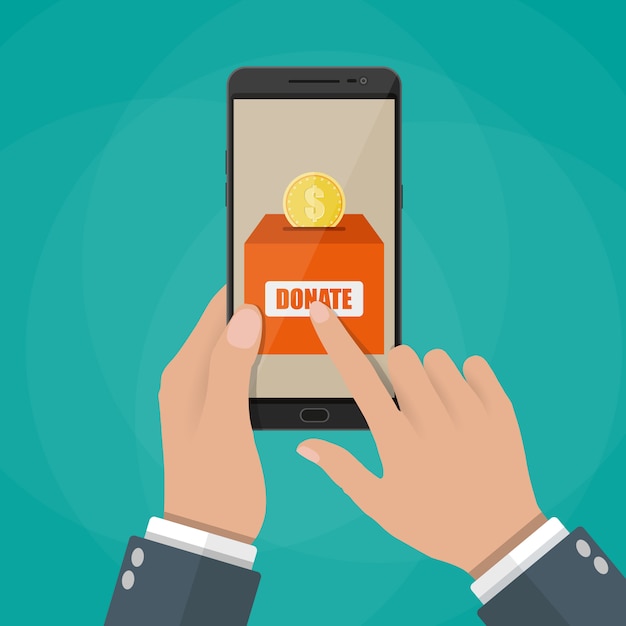 Moneda de oro y caja de donación en la pantalla del teléfono inteligente.