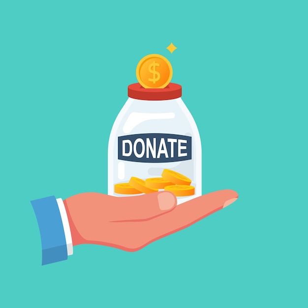 Moneda de oro en una caja para donaciones en la mano Donar dando dinero Vector