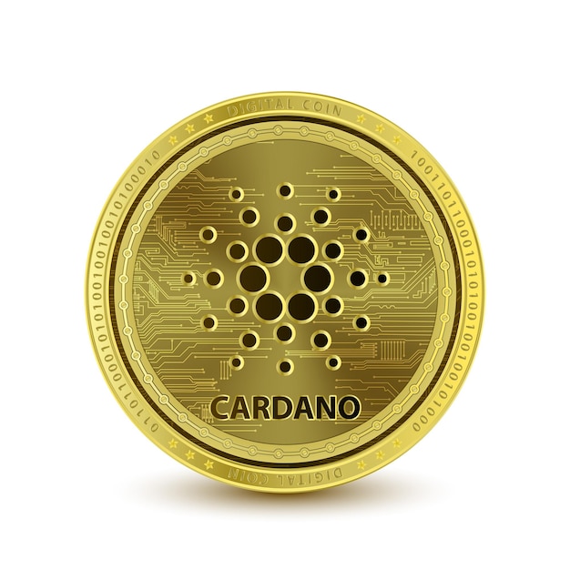 Moneda de oro Cardano ADA sobre fondo blanco criptomoneda blockchain moneda digital.