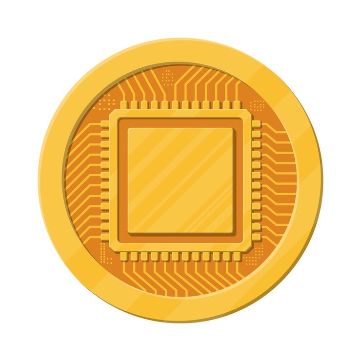 Vector moneda de oro con chip de computadora dinero y finanzas moneda digital criptomoneda de dinero virtual y sistema de pago digital ilustración vectorial en estilo plano