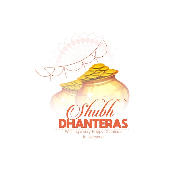 Moneda de oro Dhanteras feliz en la página web, afiche y pancarta de la lámpara Kalash o Pot y Diya.