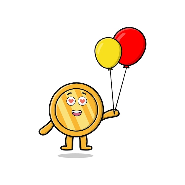 Moneda de oro de dibujos animados lindo flotando con ilustración de vector de dibujos animados de globo en concepto estilo de dibujos animados 3d