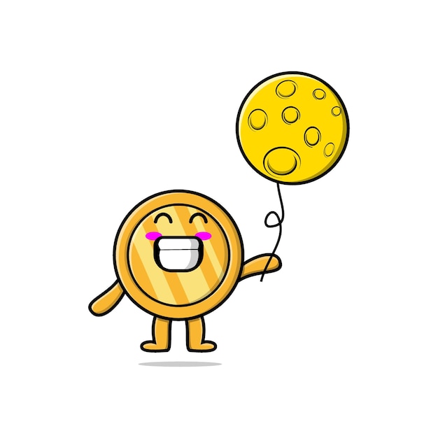 Moneda de oro de dibujos animados lindo flotando con ilustración de vector de dibujos animados de globo de luna