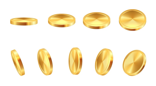 Moneda de oro Efectivo de oro realista Signos monetarios en blanco 3D Animación de dinero Ahorros en metales preciosos Vista desde diferentes ángulos hasta la caída de chips metálicos brillantes Iconos financieros vectoriales